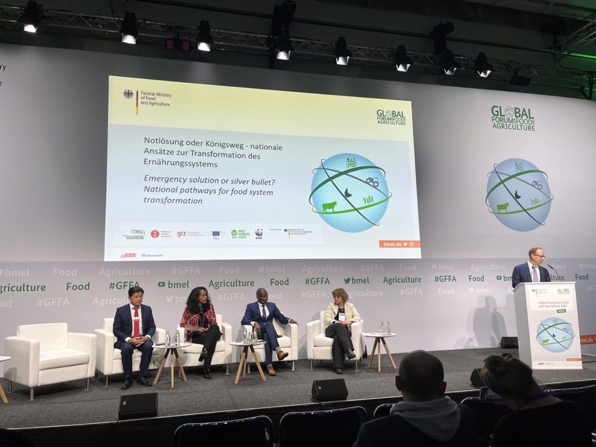 Hochkarätiges Expertenpanel auf der GFFA. V.l.n.r.: H.E. Dr. Sok Silo (CARD Kamodscha), Sara Worku Zergaw (Alliance 2015 Ethiopia), Dr. Mwendah M’Mailutha (CEO KENAFF), Prof. Roberta Sonnino (University of Surrey, UK), Dr. Jes Weigelt (TMG Research gGmbH)