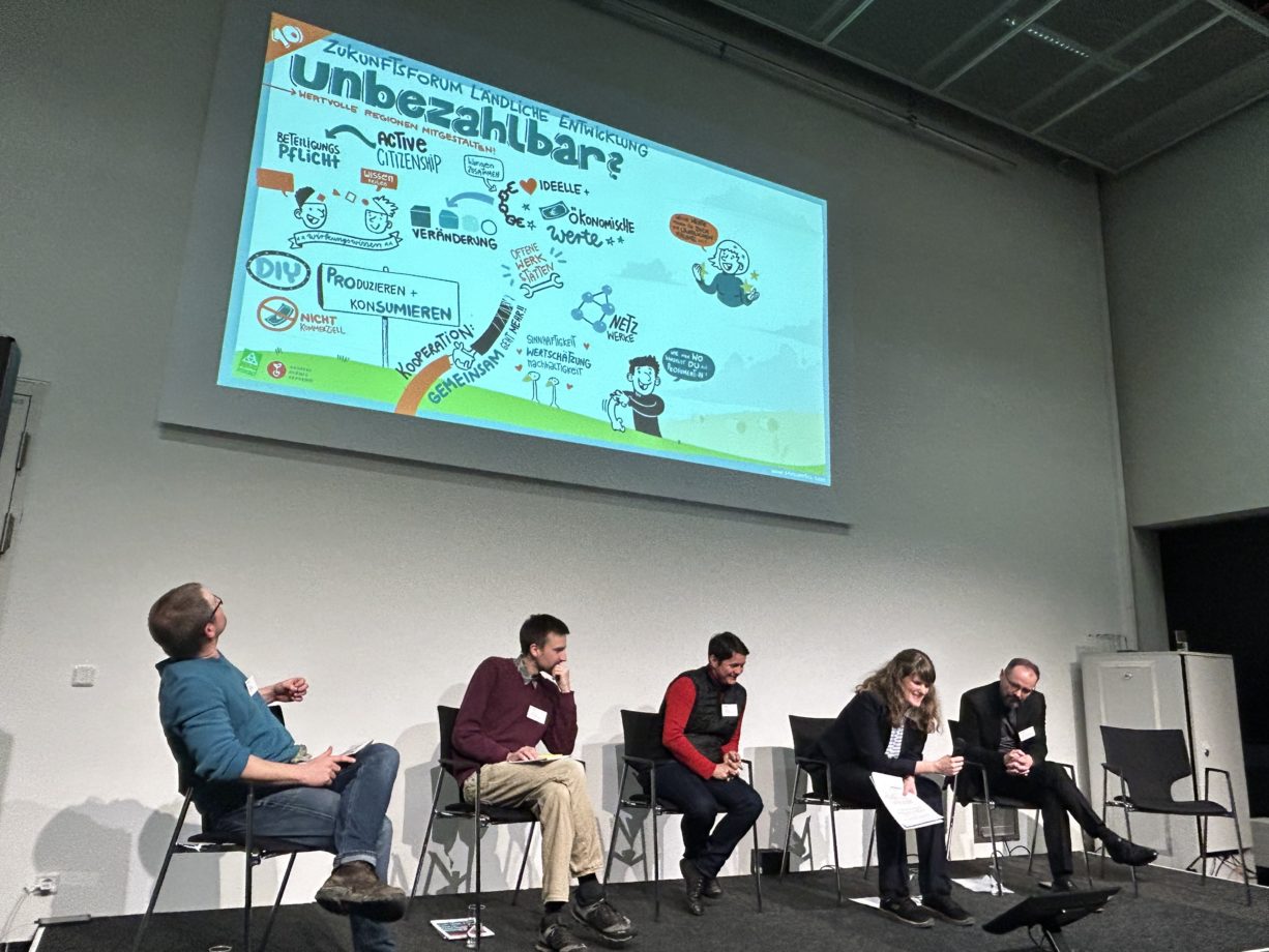 Fachforum 10: Der gemeinsame Blick aufs Graphical Recording mit den Referierenden Tom Hansing, anstiftung, Lukas Dörrie, Region Kellerwald-Edersee, Heike Delling, AgiL, Mareike Meyn, AHA und Peter Buhrmann, VBLR (v.l.n.r.)